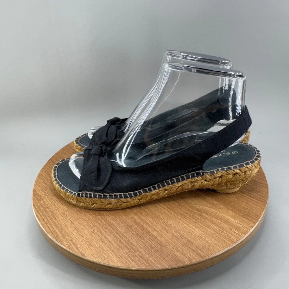 Eric‎ Michael Black Espadrille Wedge Sandals 39 8.5 Slingback Bow Made in Spain